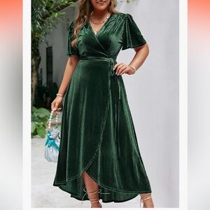 Emerald Velvet Wrap High Low Dress